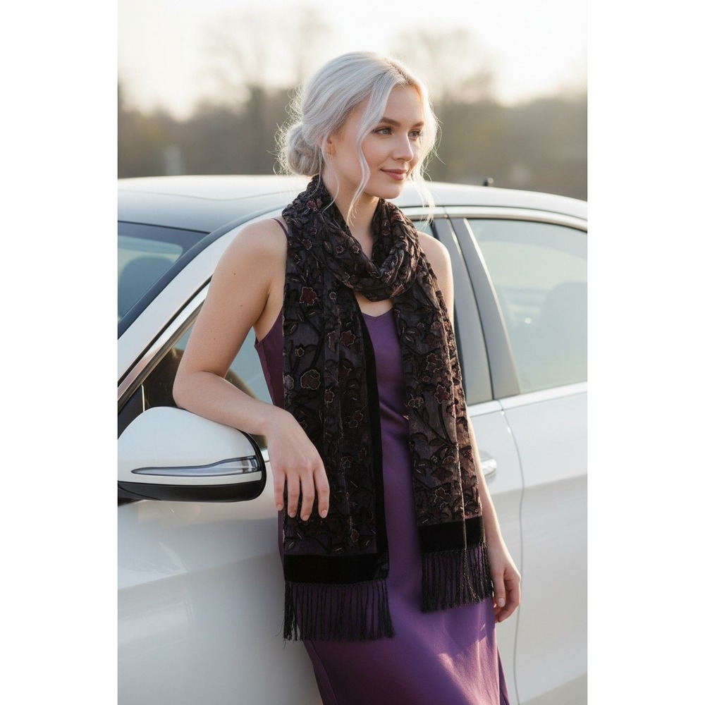 Burnout Silk Velvet Floral Fringe Scarf Devore Romantic